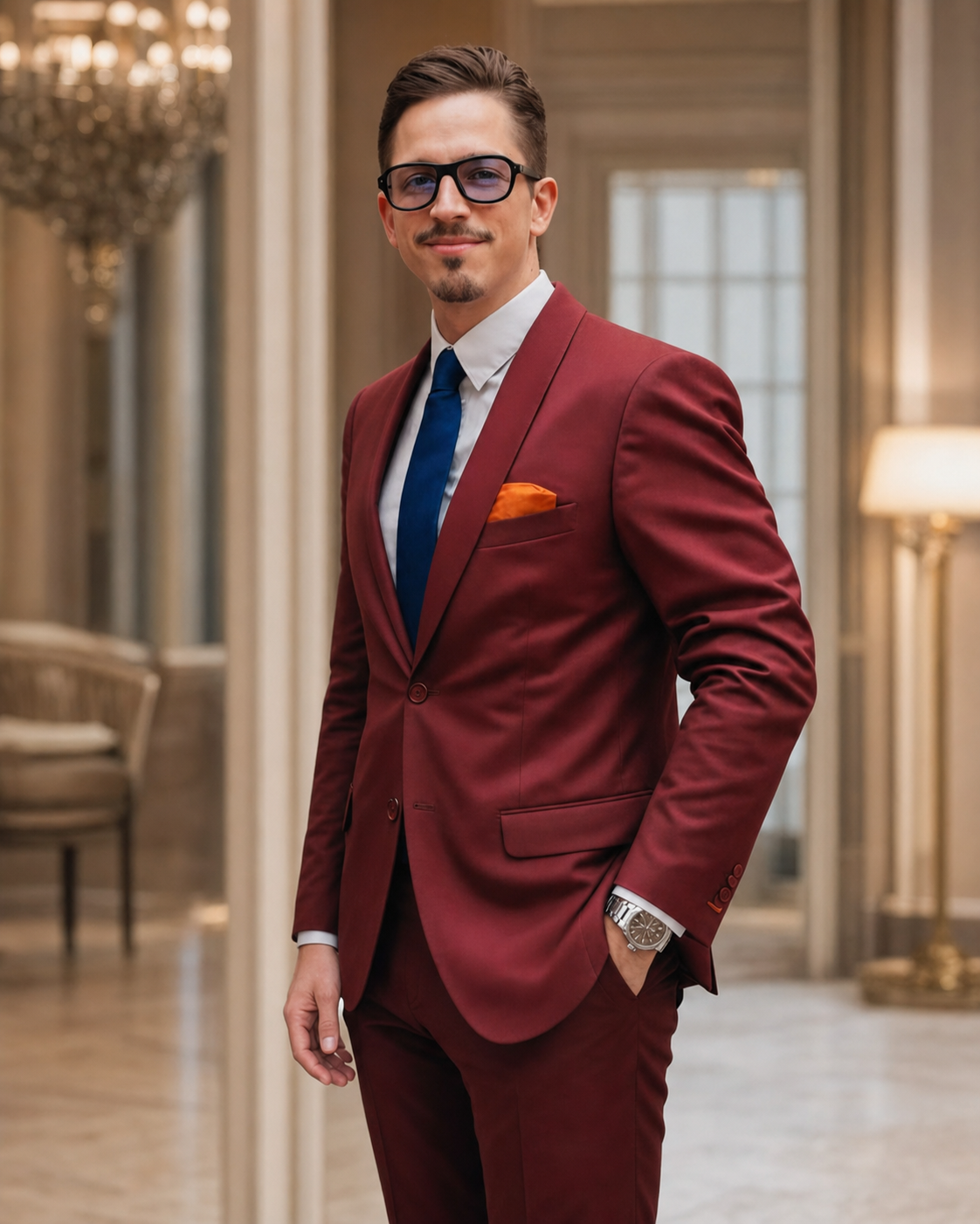 Portrait de Benoît Brochard en costume bordeaux
